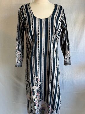 Striped Black & Cream Midi Dress with Floral Accents and side slip